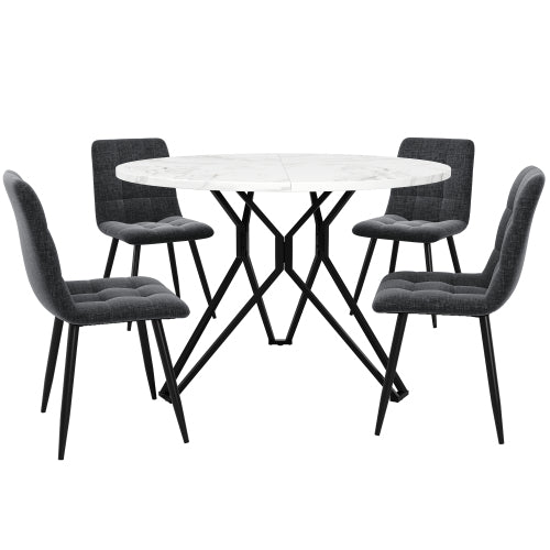 Esstisch-Set (5-teilig), Esstisch-Set mit 4 Stühlen, Modernes Küchen-Esstisch-Set, Runder Küchentisch mit Durchmesser 100 cm, Schwarze Metallbeine, MDF-Marmor-Tischplatte, Graue Samt-Esszimmerstühle