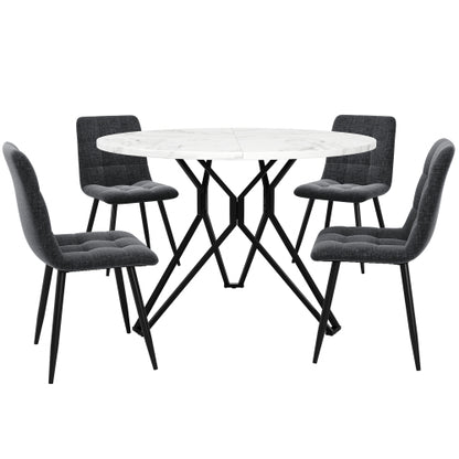 Esstisch-Set (5-teilig), Esstisch-Set mit 4 Stühlen, Modernes Küchen-Esstisch-Set, Runder Küchentisch mit Durchmesser 100 cm, Schwarze Metallbeine, MDF-Marmor-Tischplatte, Graue Samt-Esszimmerstühle