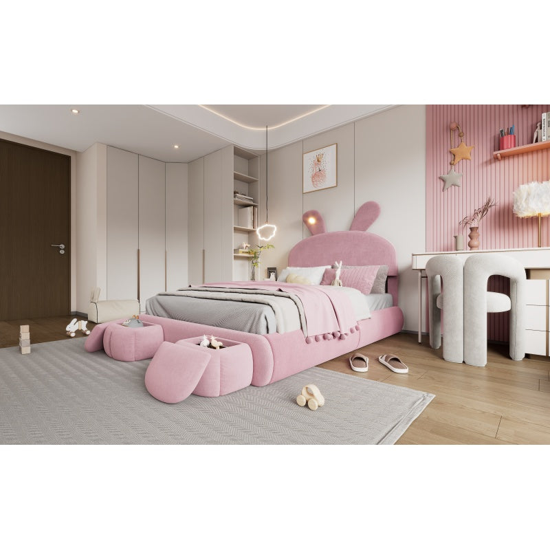 Polsterbett, Doppelbett, hydraulisches Bett, Hasenohren mit einstellbarer Helligkeit warmfarbenen Lichtstreifen, Stauraum unter dem Bett, zwei Aufbewahrungshockern, Samt, Rosa, 140x200cm
