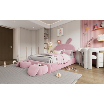 Polsterbett, Doppelbett, hydraulisches Bett, Hasenohren mit einstellbarer Helligkeit warmfarbenen Lichtstreifen, Stauraum unter dem Bett, zwei Aufbewahrungshockern, Samt, Rosa, 140x200cm
