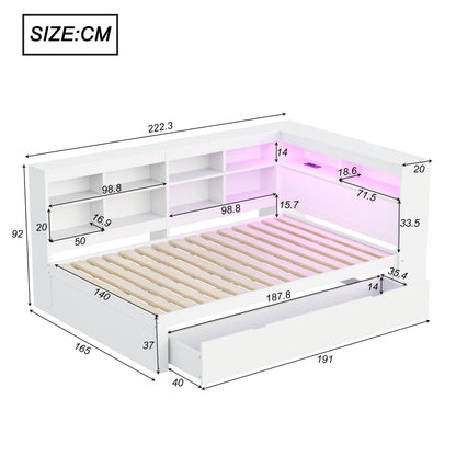 Massivholz-Doppelbett 140x200 Weiß mit LED & USB - Multifunktionales Sofa-Bett mit großen Schubladen, Ablagefächern & viel Stauraum, Weiß