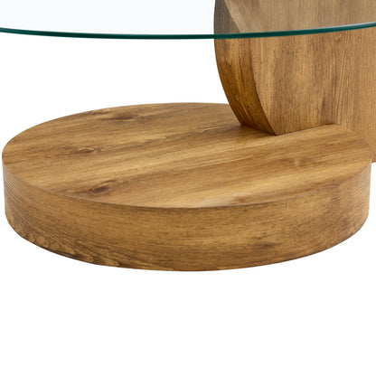 Moderner minimalistischer gehärteter Glas-Couchtisch, mehrschichtiges Design, mit natürlichen Holz-Textur-Aufklebern