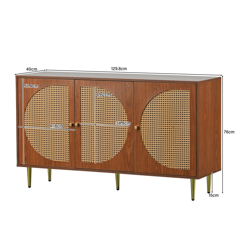 Sideboard mit 3 Rattan verzierten Türen Kommode Highboard mit Metallgriffe, für Schlafzimmer & Wohnräume & Büro, Nussbaum 129.8x 40x 76cm