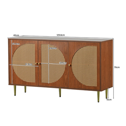 Sideboard mit 3 Rattan verzierten Türen Kommode Highboard mit Metallgriffe, für Schlafzimmer & Wohnräume & Büro, Nussbaum 129.8x 40x 76cm