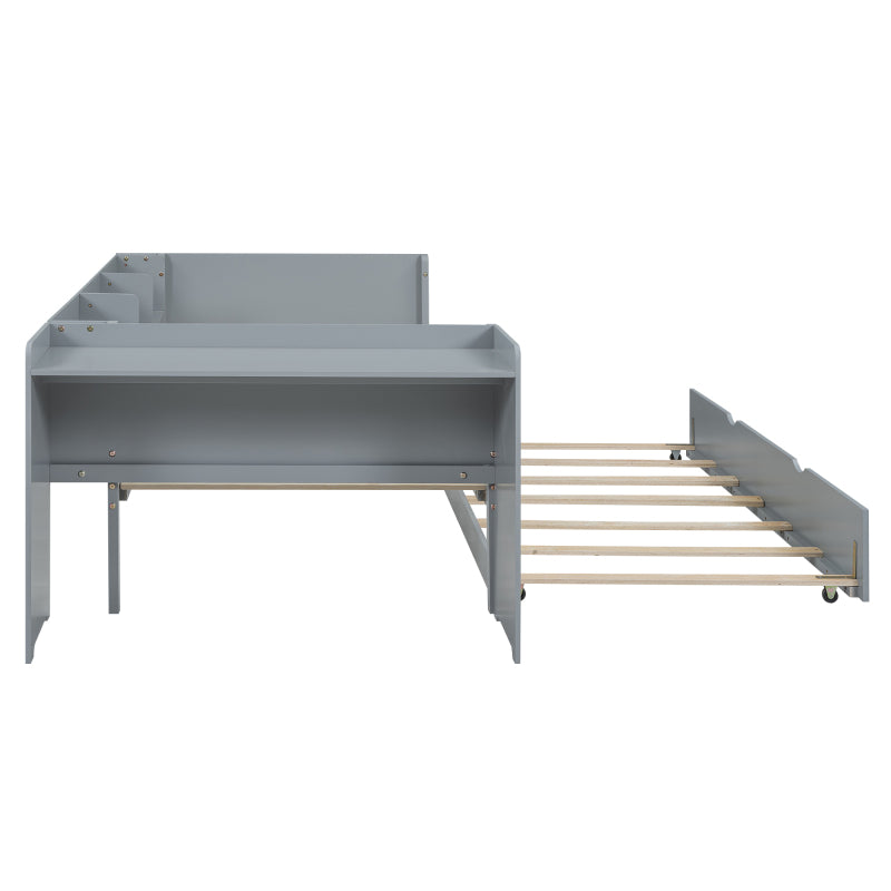 90*200cm, Flachbett, mit ausziehbarem Bett, mit Schreibtisch, drei Regale an der Seite des Bettes,grau