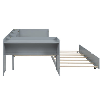 90*200cm, Flachbett, mit ausziehbarem Bett, mit Schreibtisch, drei Regale an der Seite des Bettes,grau