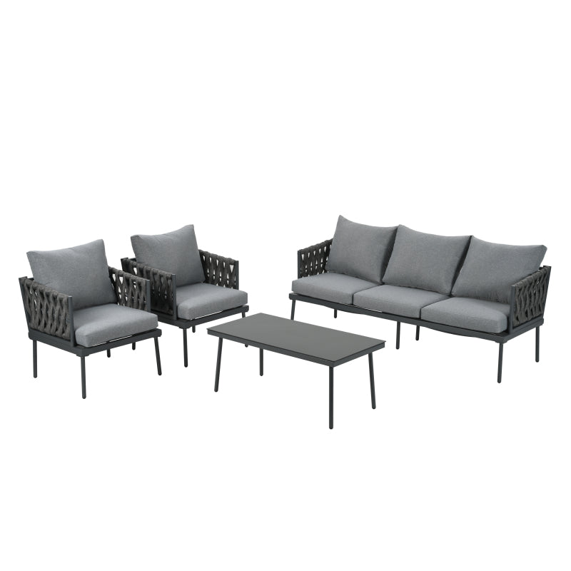 Garten Loungesessel Set, Gartenmöbel Set mit bequemen Kissen, 3er Sofa, 2 Sessel und Couchtisch, Outdoor, Glastischplatte, geflochtene Seilarmlehnen, verzinkter Stahl, grau