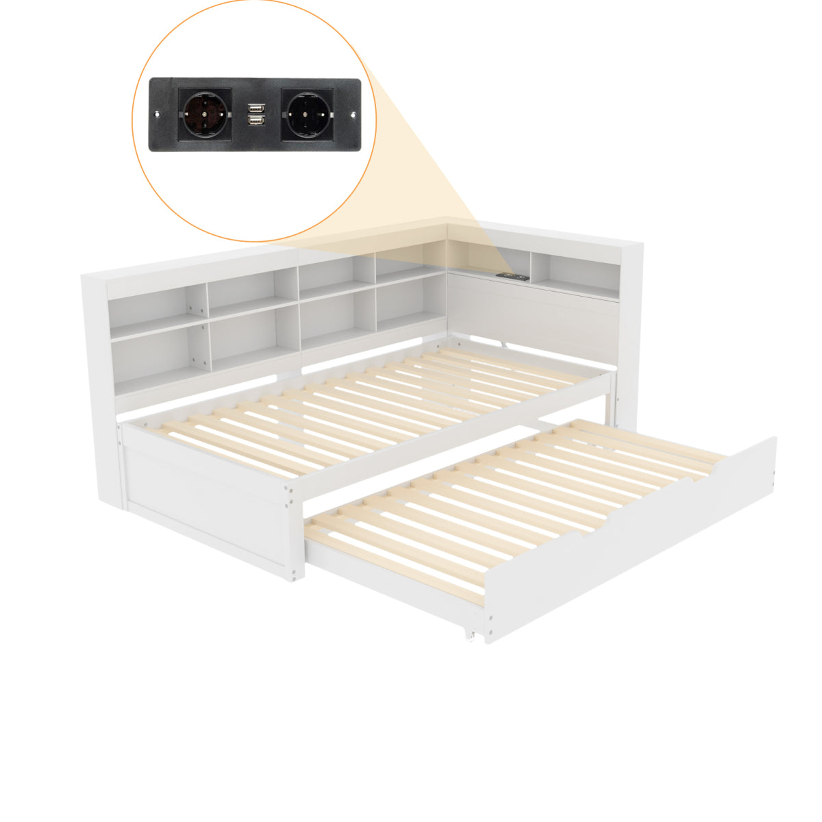 Multifunktions-Schlafsofa 90x200 & 90x190 Ausziehbar - Massivholz Weiß mit USB-Anschluss, Stauraum & Ablagefächern - Praktisches Einzelbett, Weiß
