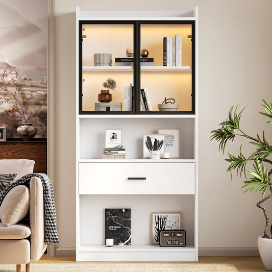 Curio Vitrine mit Licht, 16 Farben Licht, Sammlerstücke Schrank Display Regal, Bücherregal Vitrine für Wohnzimmer, weiß