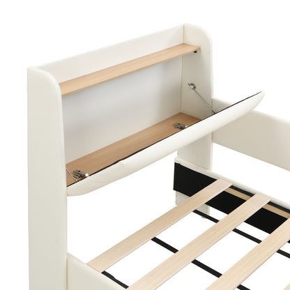 Kinder-Spleißbett, Polsterbett, Tagesbett, Schlafsofa mit Metallbettgestell, Kindernachttisch mit unterer Klapptür, 3 kleine Aufbewahrungstaschen, PU+MDF+Sperrholz, Weiß, 90x200cm