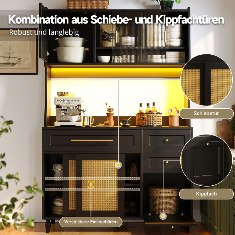 Küchenschrank, Esszimmerschrank mit 3 Schubladen,Sideboard mit LED-Beleuchtung, PE-rattan, schwarz