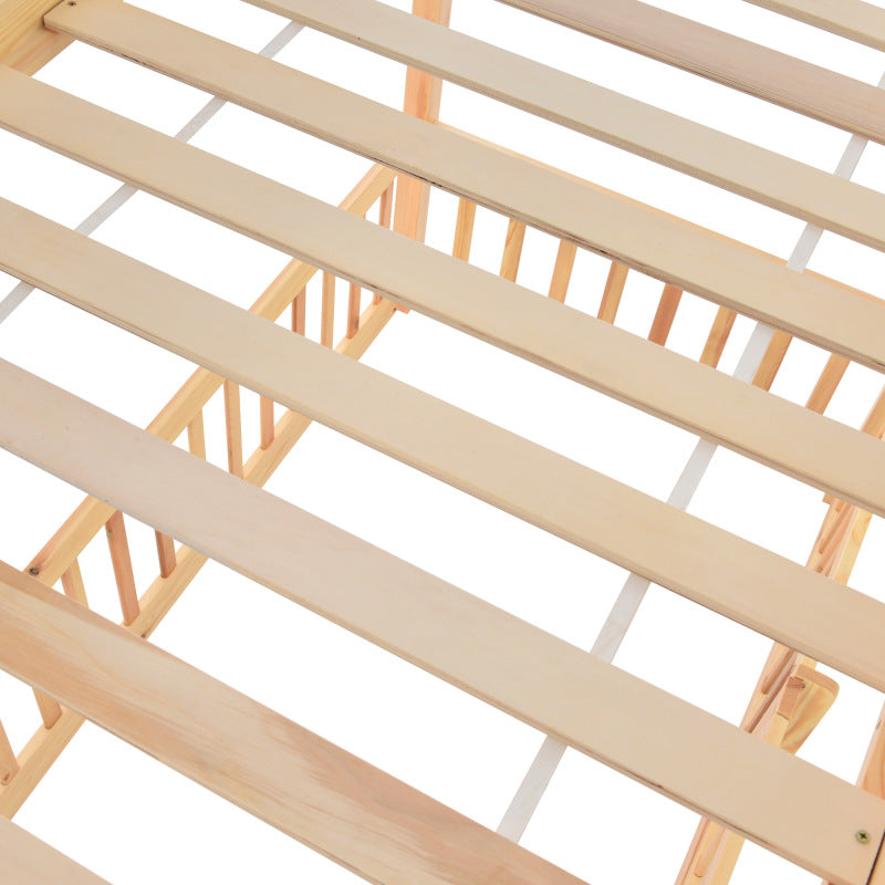 Etagenbett mit rechtwinkliger Treppe, Bett mit Zäune und Türchen, Kinderbett mit Fallschutz und Gitter, Massivholz, natur (200x90cm)