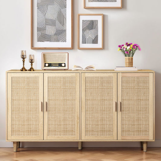 158CM Elegant and Functional 4-Door Rattan Decorative Storage Cabinet,for Bedroom,Living Room,Office;158CM Eleganter und funktioneller 4-türiger Rattan Schrank für Schlafzimmer, Wohnzimm