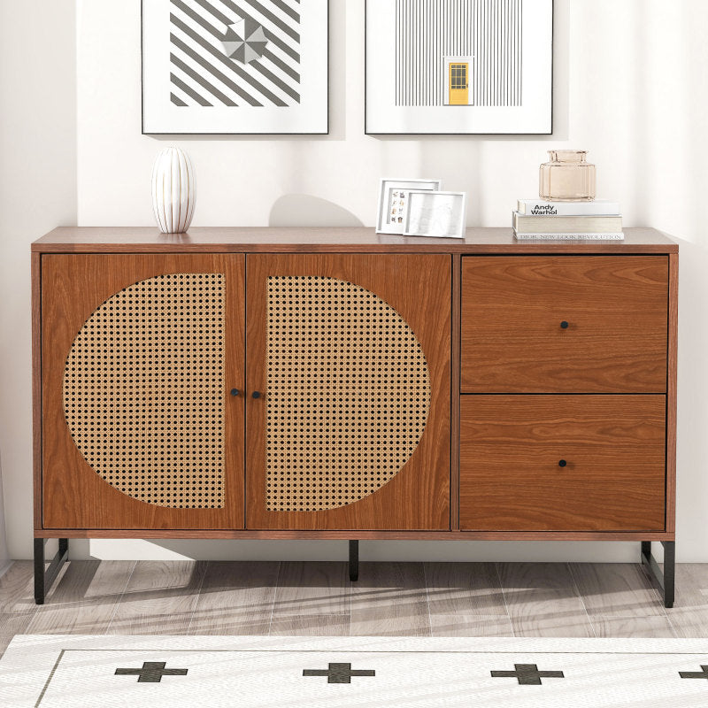 Sideboard mit 2 Rattan verzierten Türen und 2 Schubladen Kommode Küchenschrank, Mehrzweckschrank, Highboard mit Metallgriffe, für Schlafzimmer & Wohnräume & Büro