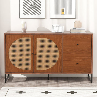 Sideboard mit 2 Rattan verzierten Türen und 2 Schubladen Kommode Küchenschrank, Mehrzweckschrank, Highboard mit Metallgriffe, für Schlafzimmer & Wohnräume & Büro