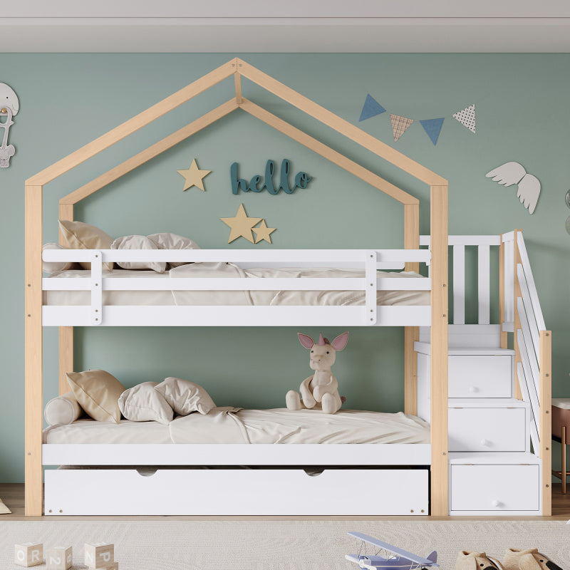 Etagenbett, Ausziehbares Baumhausbett, Schiebebett, Treppe mit 3 Schubladen, Kinderbett mit Absturzsicherung und Kinderbettgitter, mit Lattenroste, Natur+Weiß (90x200cm&90x190cm) [30813567NAA]