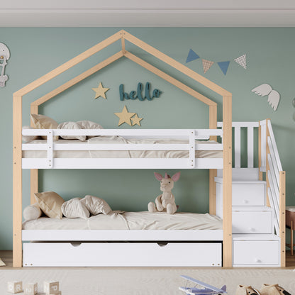 Etagenbett, Ausziehbares Baumhausbett, Schiebebett, Treppe mit 3 Schubladen, Kinderbett mit Absturzsicherung und Kinderbettgitter, mit Lattenroste, Natur+Weiß (90x200cm&90x190cm) [30813567NAA]