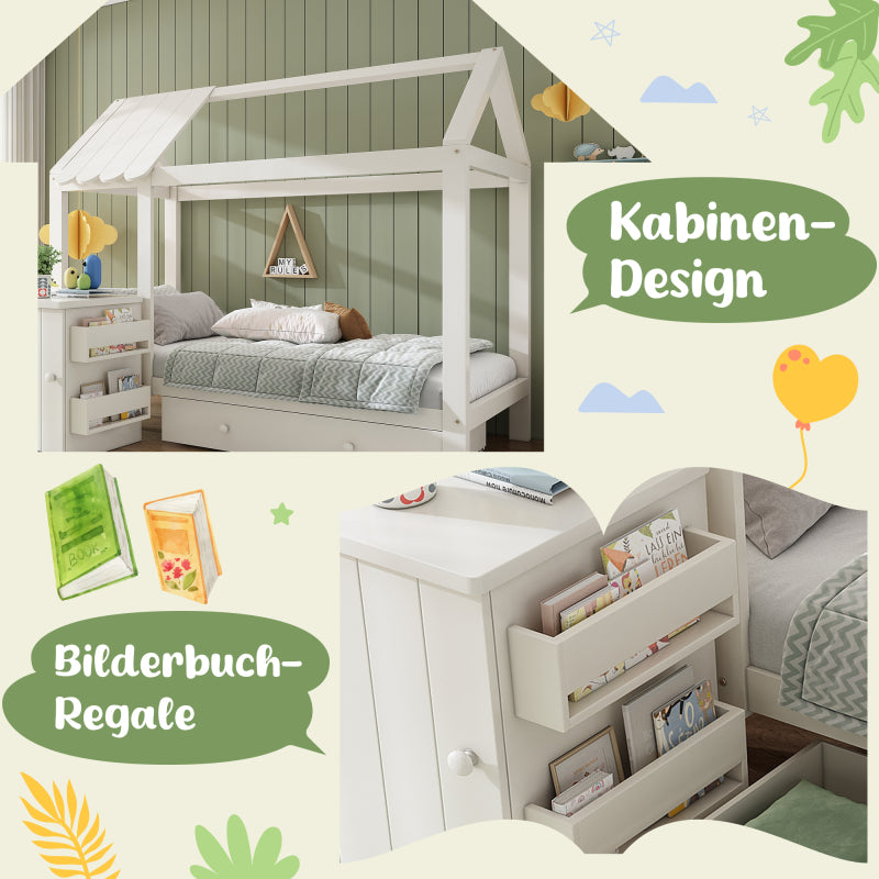 Hausbett Kinderbett 90x200 cm aus Massivholz mit Schubladen & abnehmbarem Nachttisch - Bodenbett in Weiß, ohne Matratze