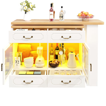 Bartisch ausziehbar 135-203cm, 360° drehbarer Stehtisch mit App-LED-Steuerung & Musik-Modus, Weißer Hochtisch mit 4 Schubladen & Regal