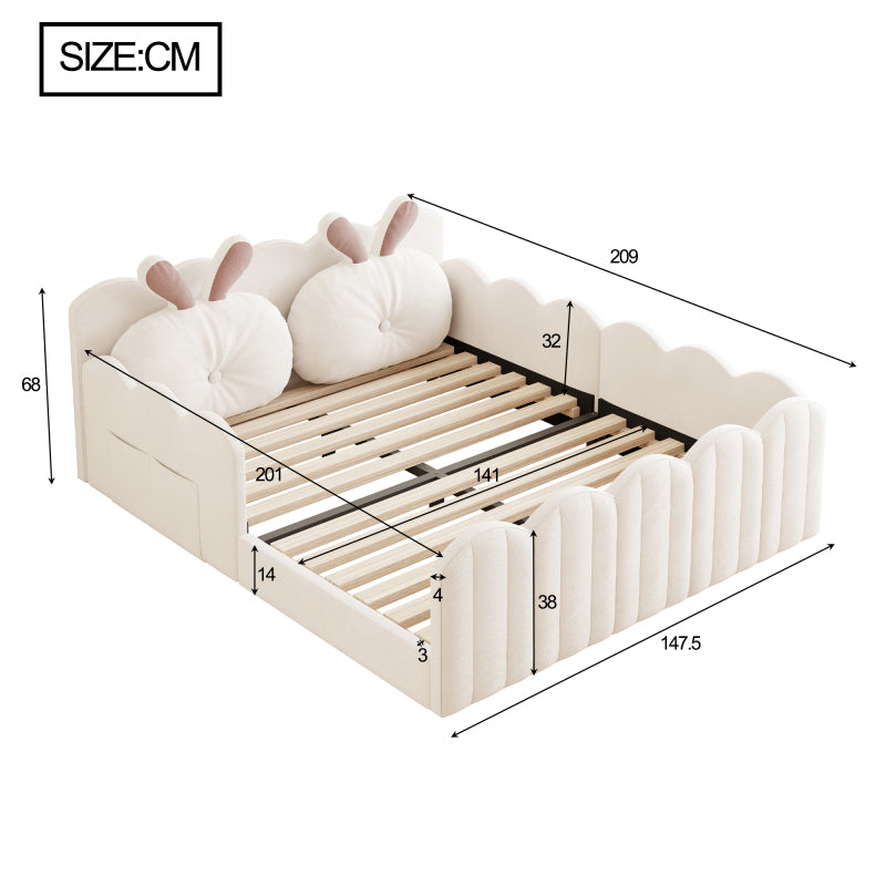 140x200 Gepolstertes Plattformbett mit Kissen in Kaninchenform, Beige