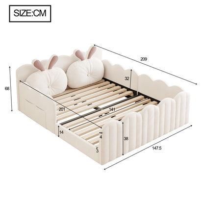 140x200 Gepolstertes Plattformbett mit Kissen in Kaninchenform, Beige