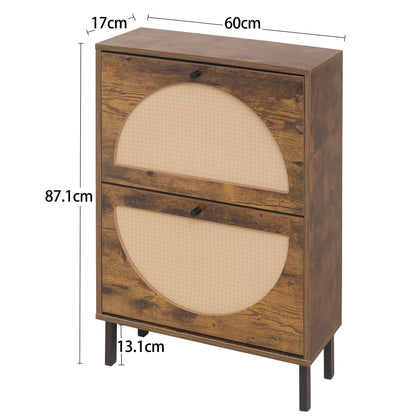 Schuhschrank mit zwei Türen, austauschbaren halbrunden Türfronten und Rattan-Oberfläche, geeignet für den Eingangsbereich und andere Szenen, Vintage-Braun