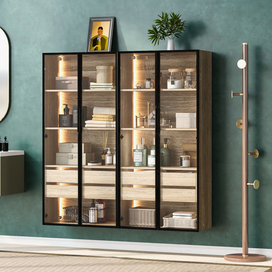 2er-Set  Badezimmerschrank, mittel, mit Lichtleiste, 73 cm breit, mit 2 großen Schubladen und 2 Türen, Glastür
