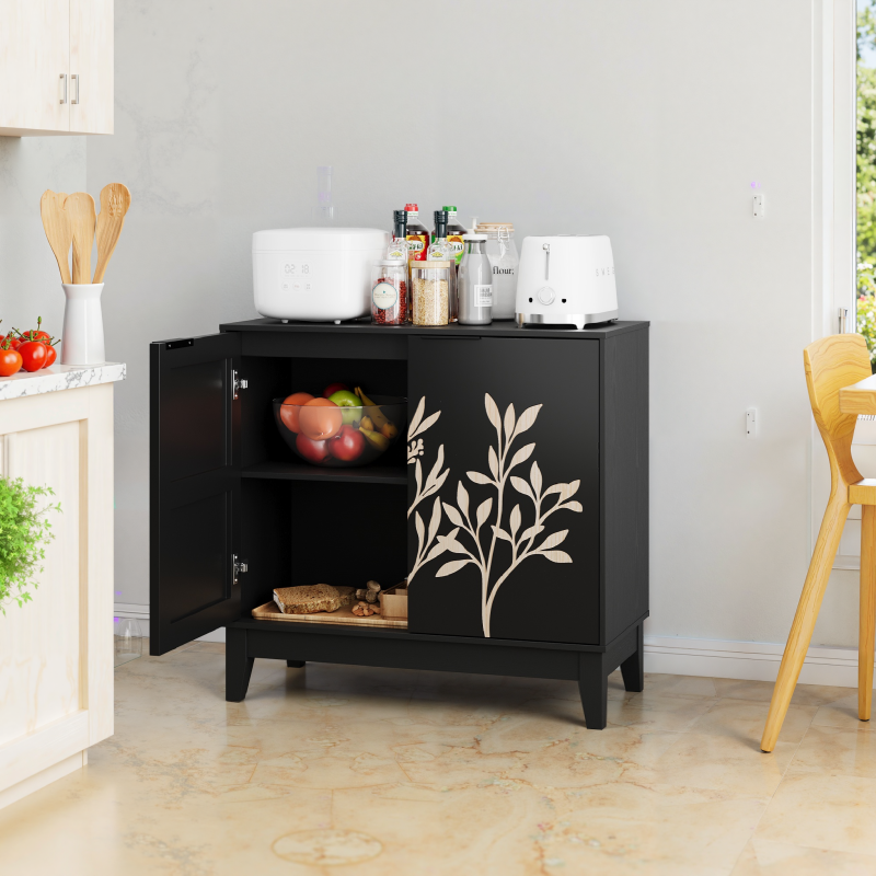 Vintage Buffetschrank mit Schnitzerei, 2 Türen & verstellbaren Regalen – Holz Sideboard für Wohnzimmer, Küche & Esszimmer, Schwarz