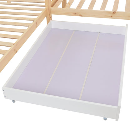 Kinderbett Hausbett mit Schubladen und Regalen, Massivholz mit Zaun und Lattenrost, L-Struktur, Natur (90x200 cm+140x70cm)