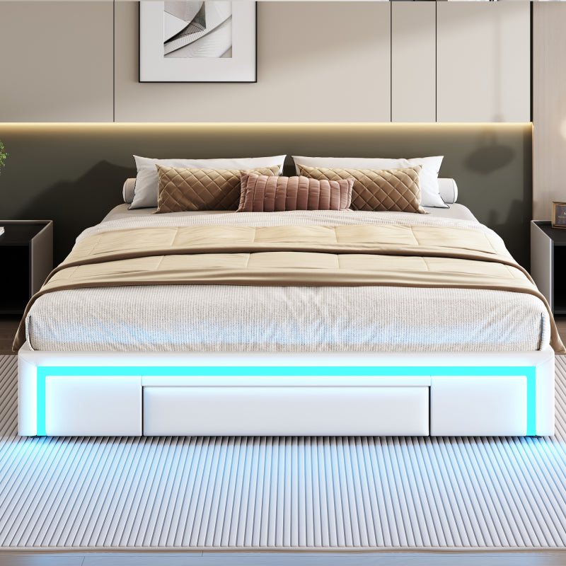 Bettgestell 180X200 mit Schubladen, PU-Leder Bett ohne Kopfteil Mit LED-Lichtleiste, MetalllattenPlattformbett für moderne Schlafzimmer Beige