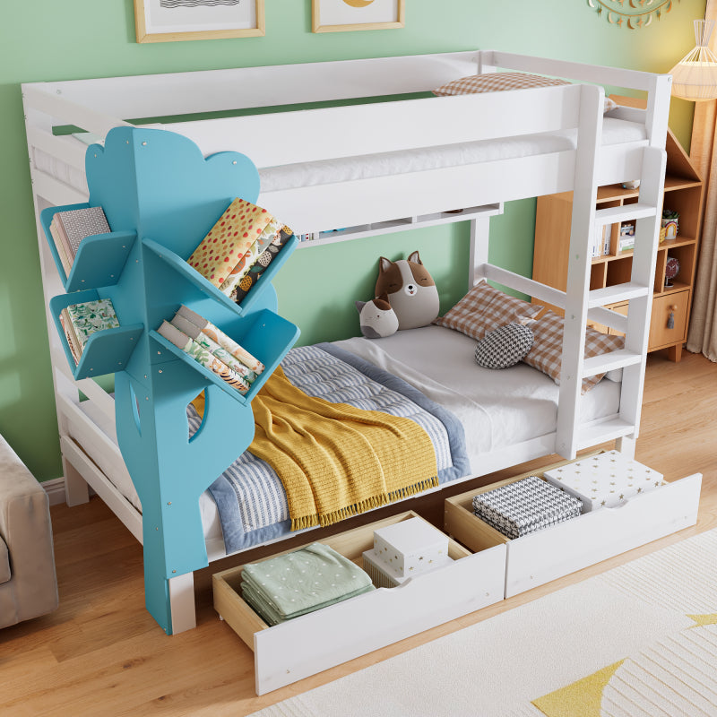 Etagenbett, Kreatives Kinderbett, Bücherregal in Baumform, Offenes Regal, Zwei Schubladen mit Rollen, Mit Fallschutzgitter, Reichlich Stauraum, Kiefer+MDF, Weiß+Blau, 90x200cm