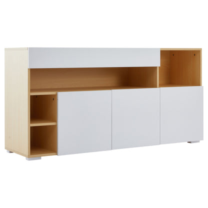 LED Sideboard Breite 140cm, Multifunktionales Sideboard,Kommode, Highboard , Luxuriöses Sideboard für Wohnzimmer, Eckschrank für Flur, Schrank für Schlafzimmer, Weiß und Eiche