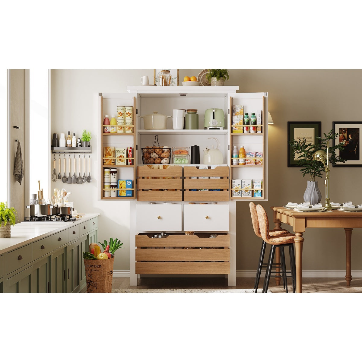 Küchenschrank 140cm hoch, Buffet-Schrank mit 2 Türen & 5 Schubladen, Mehrzweckschrank Weiß, Sideboard Vorratsschrank mit Kippschutz, 80x40cm