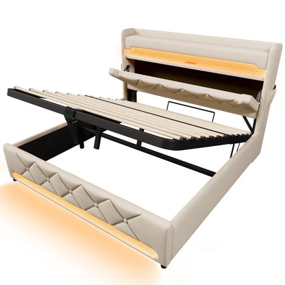Polsterbett Doppelbett 160*200, Stauraum Kopfteil mit USB und Typ C-Port ,360-Surround-LED-Funktion rund um Kopf- und Fußende des, Betten mit Hydraulisch Stauraum, Beige , Leinen(Ohne Matratze)