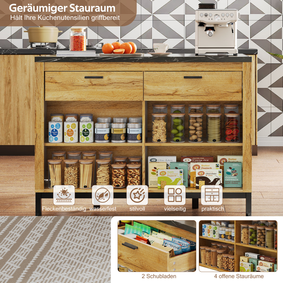 Kücheninsel 120x75 cm (Eiche & Marmor-Optik), Küchentheke mit Sitzplatz, 2 Schubladen, Metallgestell