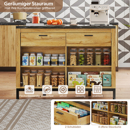 Kücheninsel 120x75 cm (Eiche & Marmor-Optik), Küchentheke mit Sitzplatz, 2 Schubladen, Metallgestell