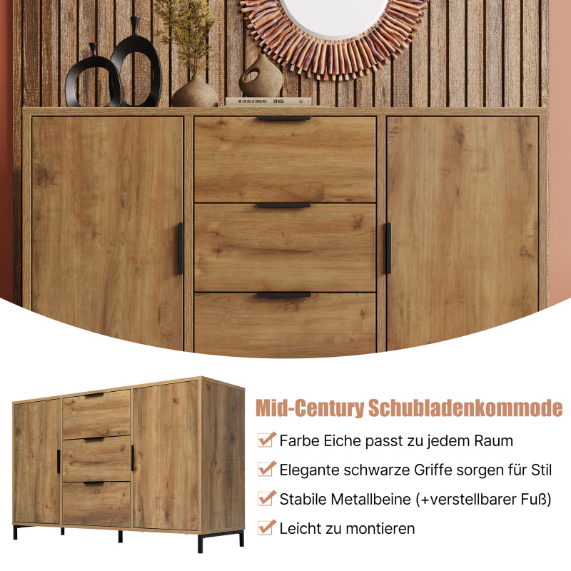 Kommode mit 2 Türen und 3 Schubladen, 120 x 40 x 76 cm in Dunkle Eiche, Verstellbare Ablage, Sideboard Highboard für Schlafzimmer & alle Wohnräume