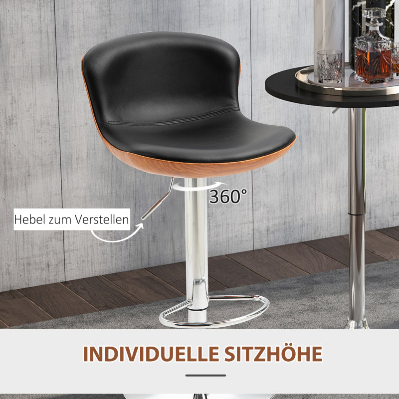 Barhocker Küche 2er-Set höhenverstellbar drehbar mit Fußstütze & Rückenlehne Kunstleder bis 120 kg, Schwarz