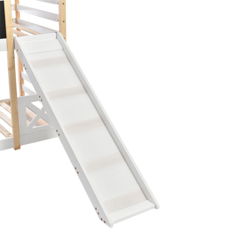 Kinderbett Baumhaus mit Rutsche & Leiter 90 x 200 cm, Hochbett für Kinder– 2x Lattenrost- Natur & Weiß