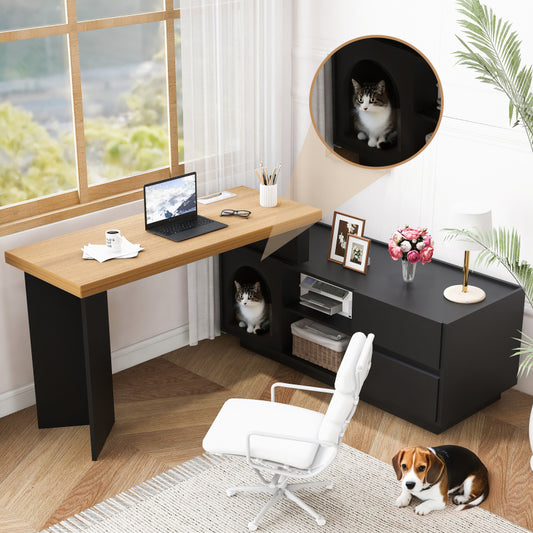 Eckschreibtisch mit integriertem Tierhaus, L-förmig oder einteilig, flexible Montage, Eckschreibtisch für Home Office mit XL-Tierhöhle, Black