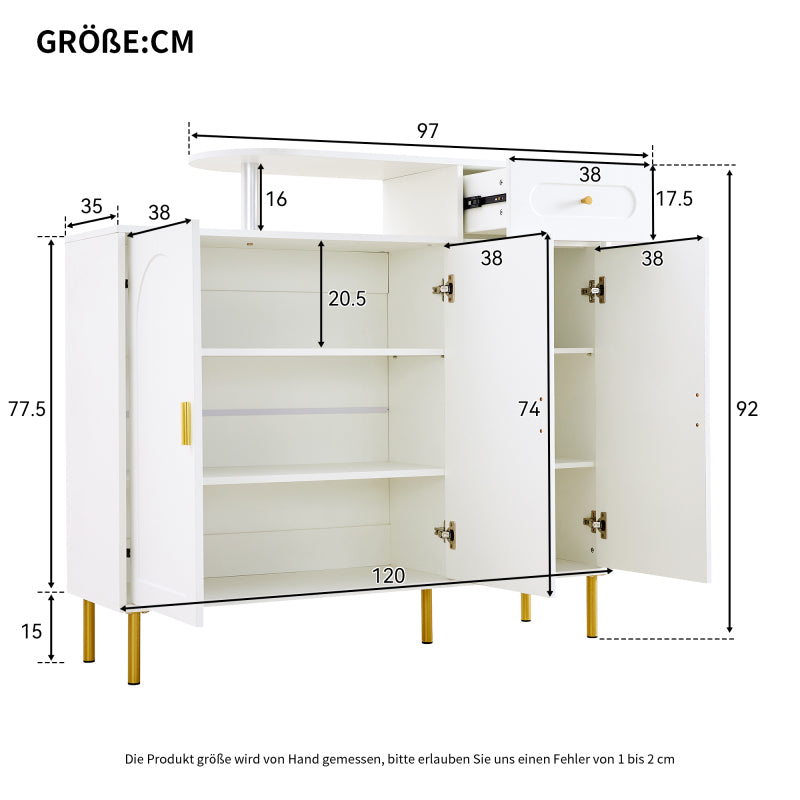 Kommode/Sideboard/Schuhschrank mit Metallgriffen, 1 Schublade und 3 Türen, auf Metallfüßen, Weiß. Maße: B120 × H92 × T35 cm