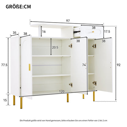 Kommode/Sideboard/Schuhschrank mit Metallgriffen, 1 Schublade und 3 Türen, auf Metallfüßen, Weiß. Maße: B120 × H92 × T35 cm