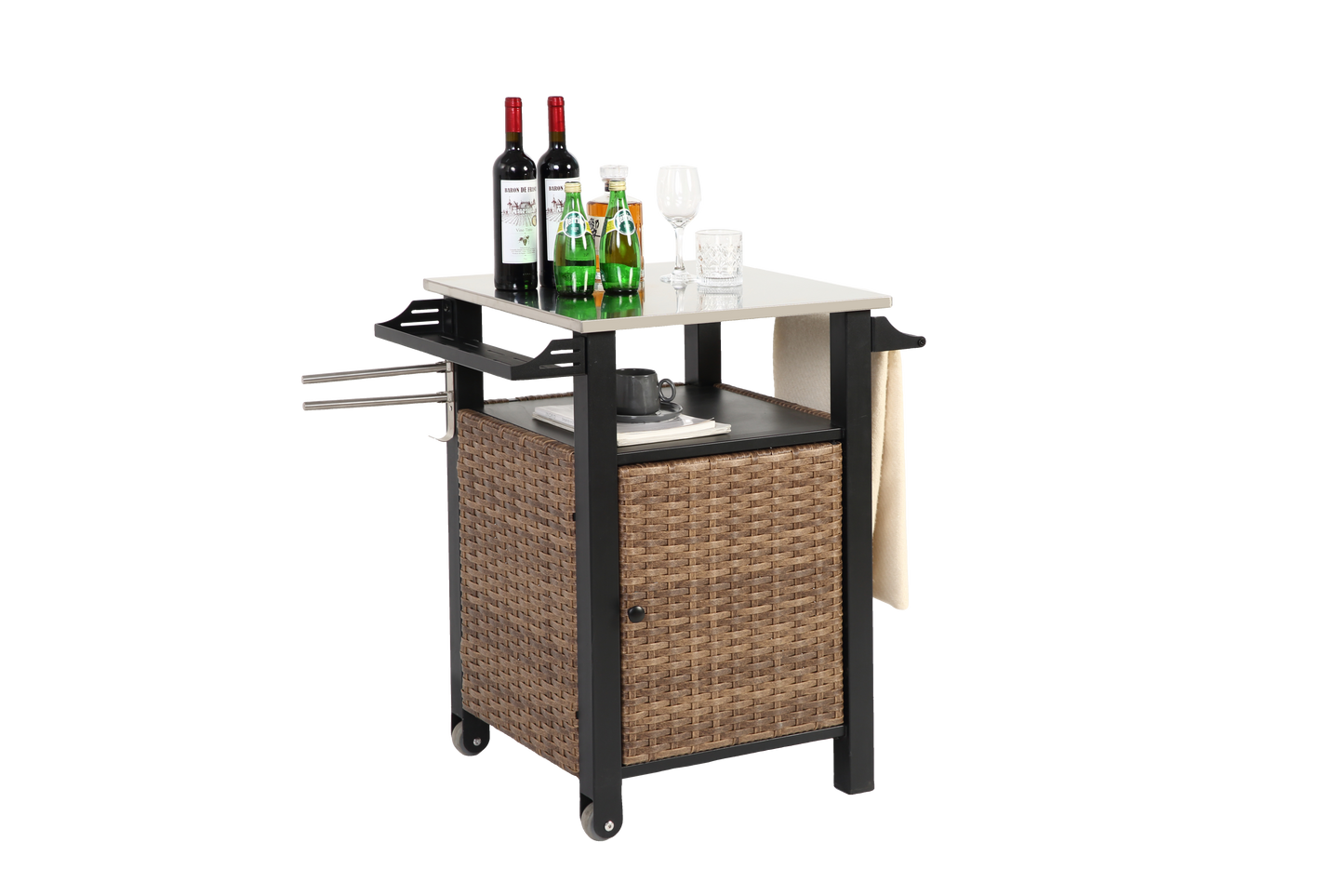 Single door bar cart,Outdoor Kitchen Wicker Island Rolling Cart & Storage Cabinet, Wheels and Stainless Steel Extended Table Top, Side Handle for Patio Kitchen or Bar Cart, Brown