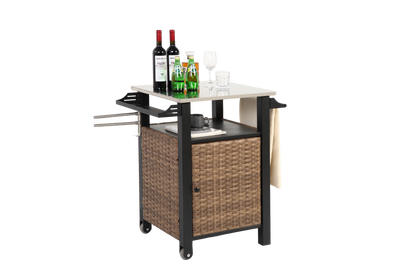 Single door bar cart,Outdoor Kitchen Wicker Island Rolling Cart & Storage Cabinet, Wheels and Stainless Steel Extended Table Top, Side Handle for Patio Kitchen or Bar Cart, Brown