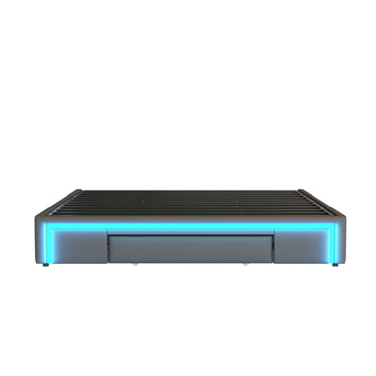 Bettgestell 180X200 mit Schubladen, PU-Leder Bett ohne Kopfteil Mit LED-Lichtleiste, MetalllattenPlattformbett für moderne Schlafzimmer Grau
