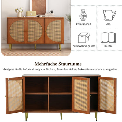 Sideboard mit 3 Rattan verzierten Türen Kommode Highboard mit Metallgriffe, für Schlafzimmer & Wohnräume & Büro, Nussbaum 129.8x 40x 76cm
