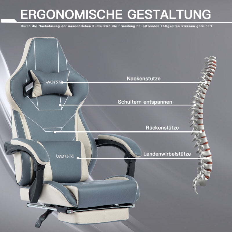 Gaming Stuhl Ergonomisch Gaming Chair Bürostuhl mit Fußstütze Racing Computerstuhl Höhenverstellbar Gepolstert Computerstuhl Lendenwirbelstütze Blaubeige