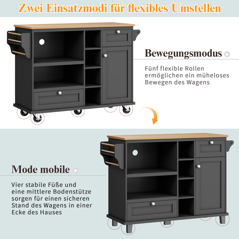 Esszimmerwagen (129 x 46 x 92 cm), moderner und einfacher schwarzer, beweglicher Küchen-Esswagen mit Schubladen und Lagerschränken, hellbraune Holzarbeitsplatte, geeignet für moderne Familien