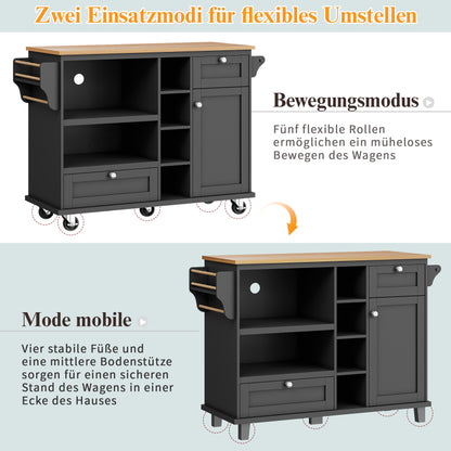 Esszimmerwagen (129 x 46 x 92 cm), moderner und einfacher schwarzer, beweglicher Küchen-Esswagen mit Schubladen und Lagerschränken, hellbraune Holzarbeitsplatte, geeignet für moderne Familien