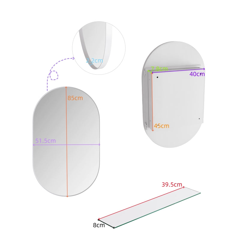 Stylish Oval Mirror Cabinet, Recessed Medicine Cabinet, Wall Cabinet with Metal Framed, Mirror and Adjustable Shelves, Mirror Cabinet with Storage for Bathroom, Living Room and Bedroom, White